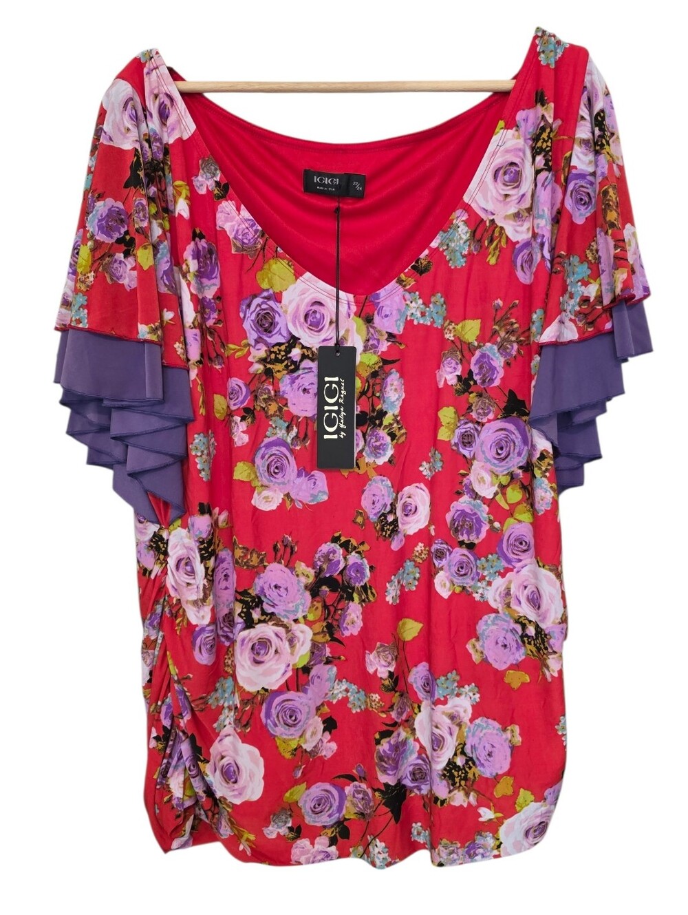 IGIGI Floral Print Statement Sleeve Draped Blouse Ruched Side/Back NWT Sz 22/24